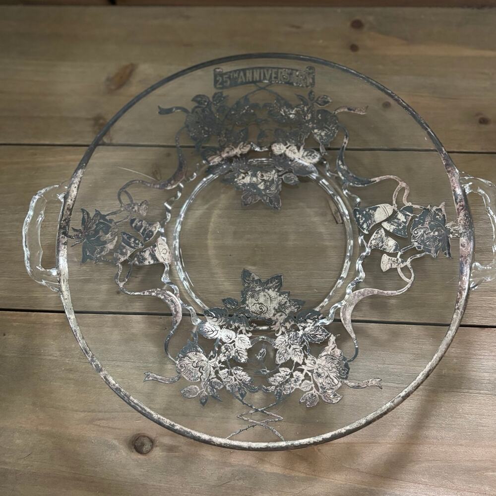 Vintage 50s 60s 25th Anniversary Glass Dish Stand